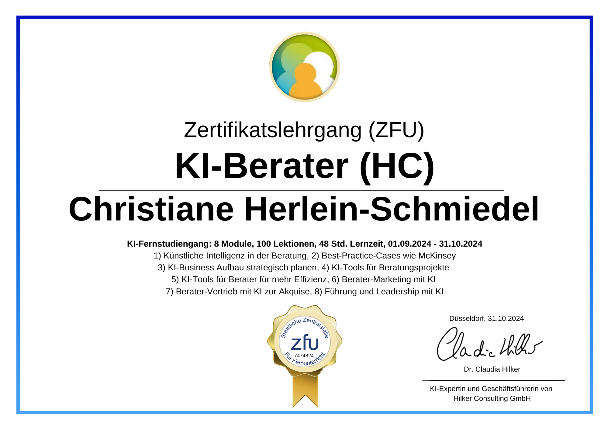 Christiane Herlein-Schmiedel zertifiziert von Hilker Consulting GmbH