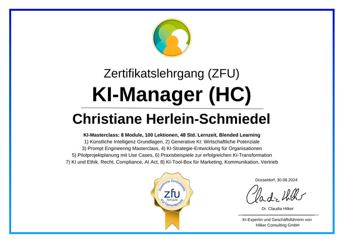 KI Manager Christiane Herlein-Schmiedel zertifiziert von Hilker Consulting GmbH